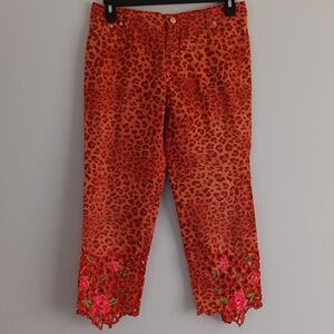 Blumarine Animal Print Floral Embroidered Cropped Jeans #1987